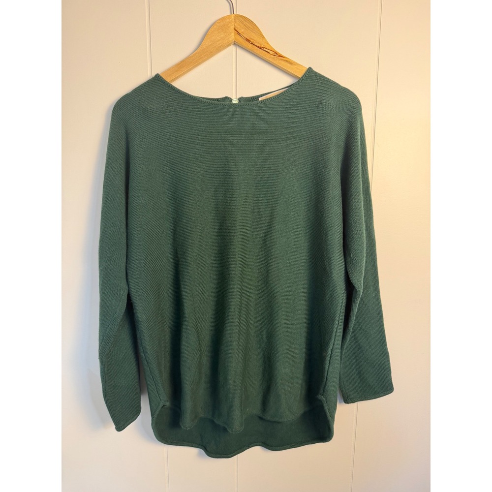 Fall Quiet Luxury Green Boat Neck Sweater Gold Zip Ribbed Knit M